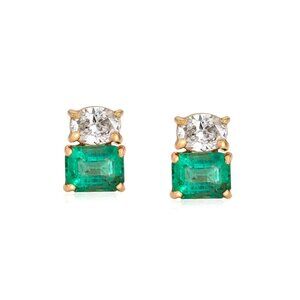 Green Emerald 14K (18K Custom) Yellow Gold Diamond Duo Stud Earrings